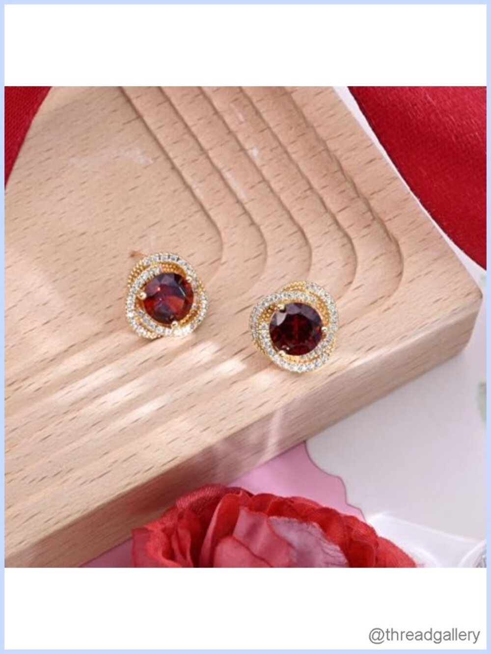 18K Gold Plated Ruby Stud Earrings Hypoallergenic 925 Sterling Silver Halo - Picture 5 of 6
